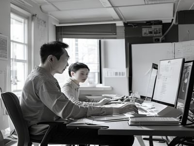 白丝足交内容总监李倩的工作照，坐在宽敞明亮的内容审核室内，认真审阅屏幕上的内容草稿，桌面整洁有序，体现严谨的专业态度